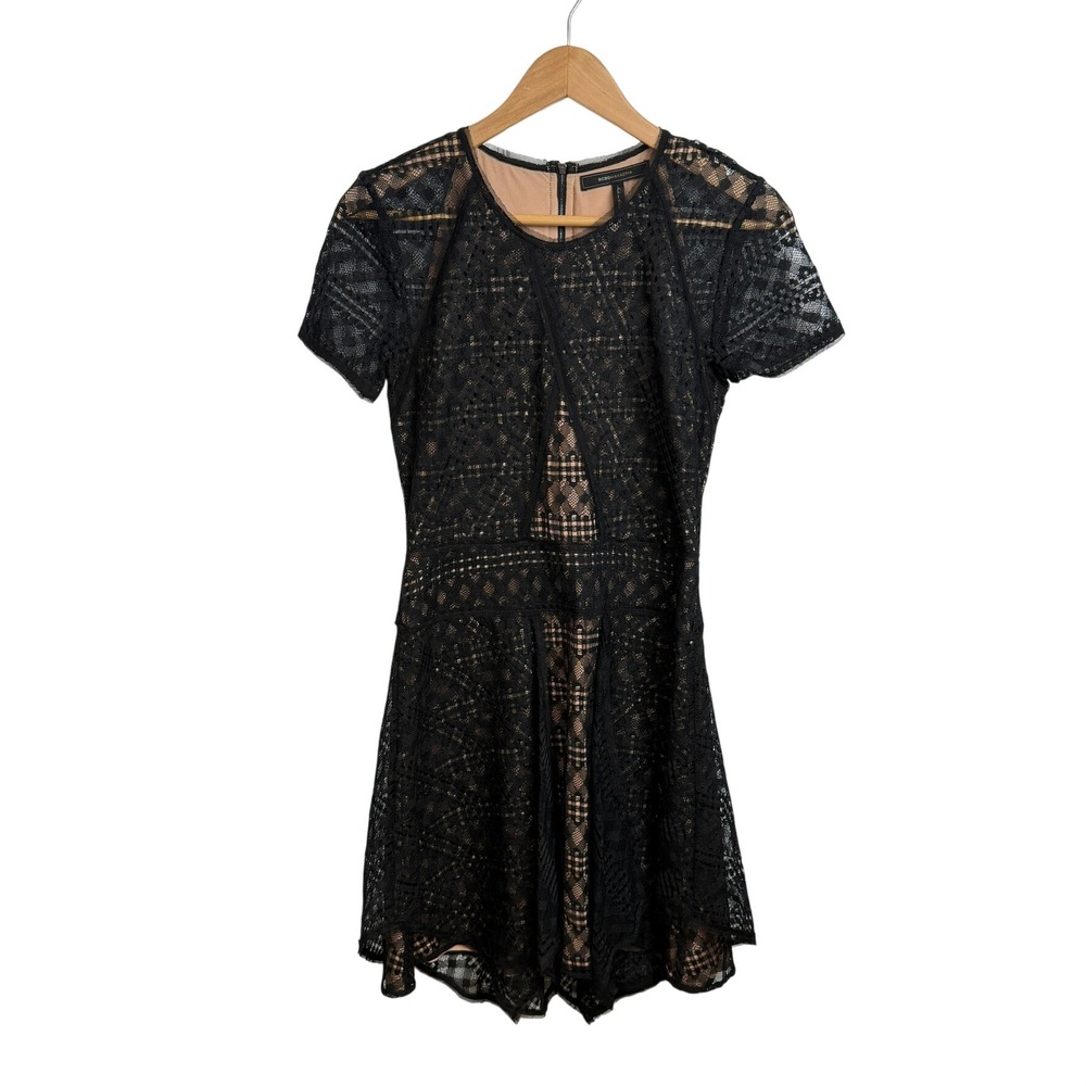 BCBGMAXAZRIA Lace Mini Dress Women 6 Black Geometric Mesh Fit Flare Short Sleeve